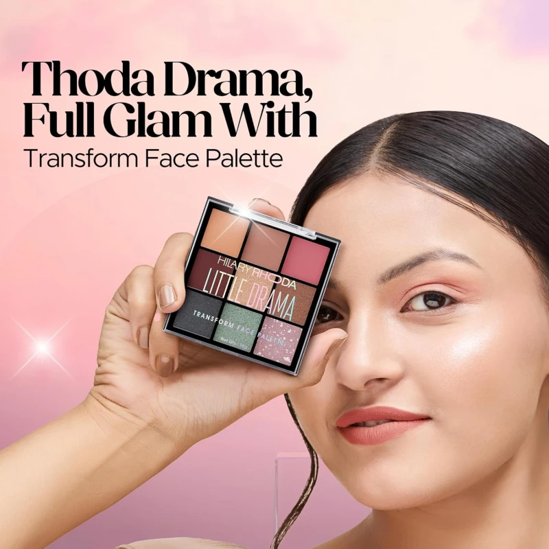 Hilary Rhoda Transform Face Palette | All-in-One | 9 Eyeshadows, 2 Blushes, Highlighter & Contour | Matte + Shimmer Finish | Highly Pigmented | Travel Friendly Makeup Kit (Little Drama - Shade 02) – 18g - Thumbnail 3